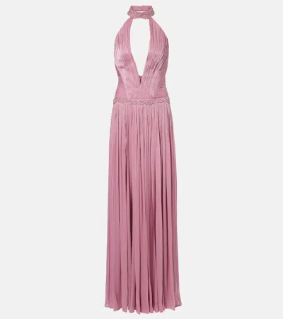 Costarellos Juliette Halterneck Georgette Lamé Gown In Pink