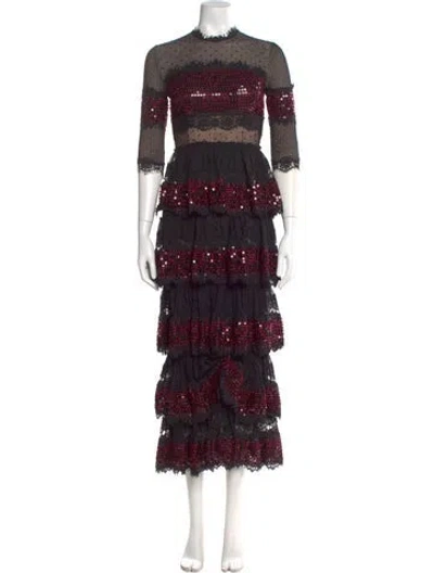 Pre-owned Costarellos Lace Pattern Long Dress In Black