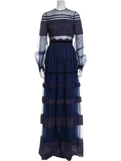 Pre-owned Costarellos Lace Pattern Long Dress In Blue