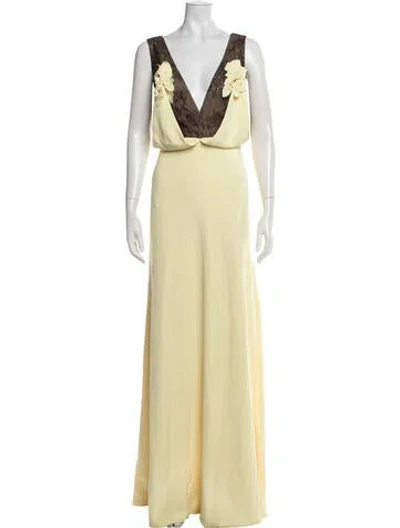 Pre-owned Costarellos Lace Pattern Long Dress In Green/yellow