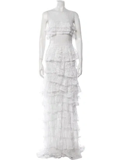 Pre-owned Costarellos Lace Pattern Long Dress In White