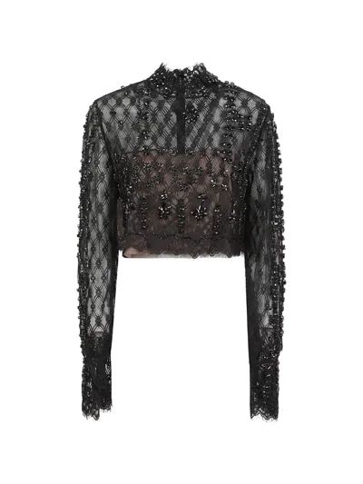 Costarellos Long-sleeve Lace Top In Black