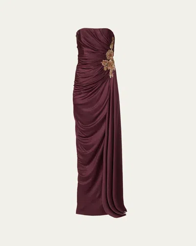 Costarellos Lorinne Strapless Crystal Draped Jersey Gown In Purple