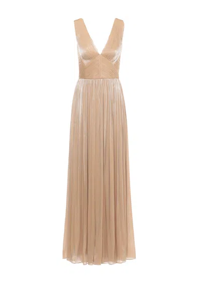 Costarellos Lurex Georgette Maxi Dress With Deep V-neckline In Neutral