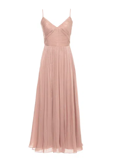 Costarellos Lurex Georgette Midi Dress With Deep V-neck And Pleated Skirt In Brown