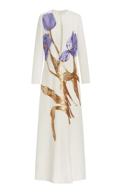 Costarellos Malvina Sequined Crepe Column Gown In White