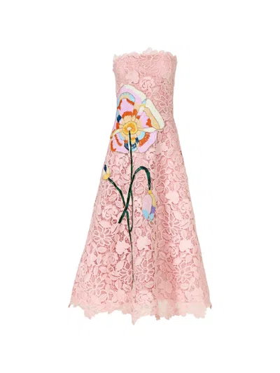 Costarellos Marina Floral-appliqué Corded Lace Midi Gown In Pink