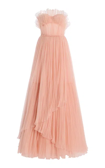 Costarellos Marinel Plissé Tulle Gown In Pink