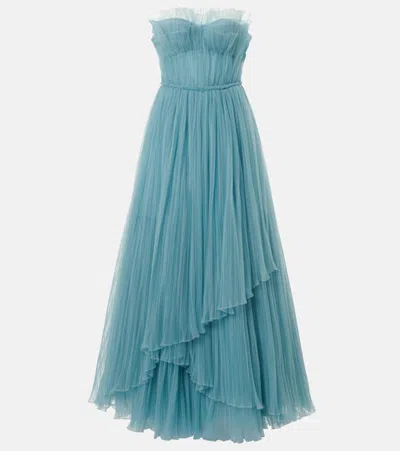 Costarellos Marinel Plissé Tulle Gown In Turquoise