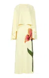 Costarellos Meena Floral-appliqued Crepe Cape-effect Column Gown In Yellow