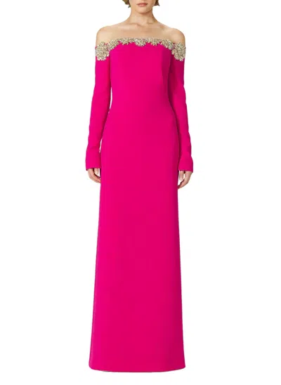 COSTARELLOS MELINE OFF-SHOULDER CREPE GOWN IN MAGENTA