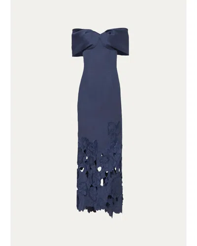 Costarellos Norelle Satin Off-the-shoulder Floral-cut Column Gown In Blue