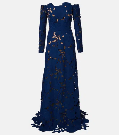 Costarellos Off-shoulder Guipure Lace Gown In Blue