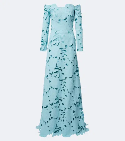 Costarellos Off-shoulder Floral Guipure Lace Gown In Blue