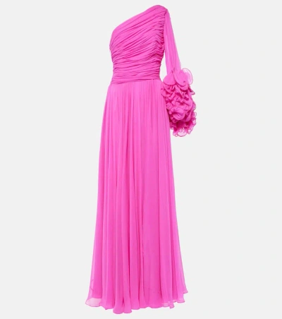 Costarellos One-shoulder Ruffled Silk Gown In Fusion Pink