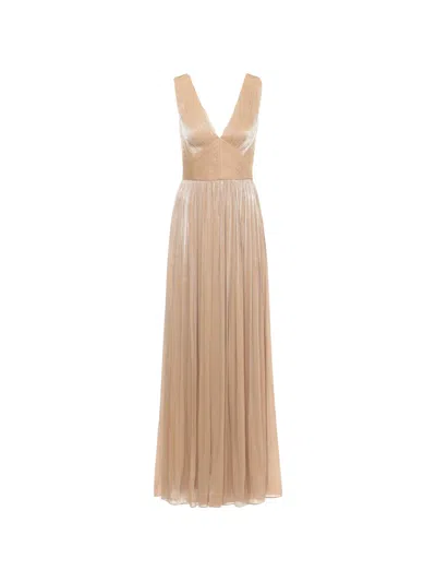 Costarellos Pleated V-neck Gown In Neutral