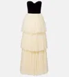 Costarellos Plissé Velvet-trimmed Tulle Gown In White