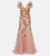 Costarellos Polina Embroidered Tulle Gown In Gold