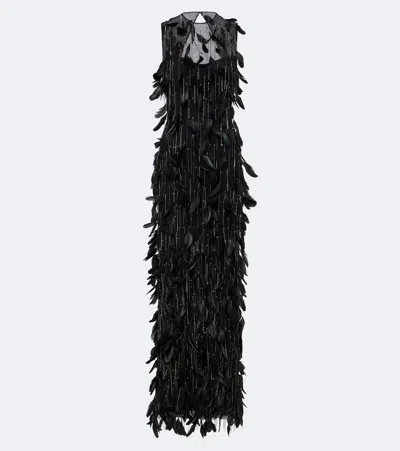 Costarellos Renia Embellished Feather-trimmed Tulle Gown In Black