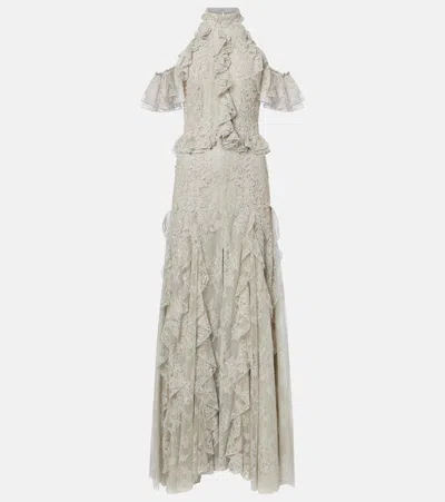 Costarellos Rhodine Embellished Halterneck Lace Gown In Gray