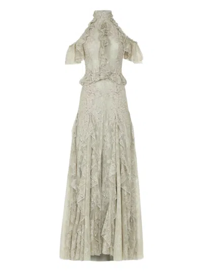 COSTARELLOS RHODINE LACE RUFFLE MAXI DRESS