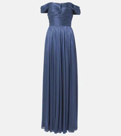 Costarellos Ruched Off-shoulder Gown In Blue