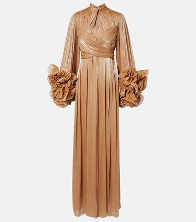 Costarellos Ruffled Lurex Georgette Gown In Brown