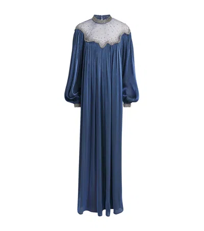 Costarellos Satin Embellished Kaftan Elline Gown In Blue