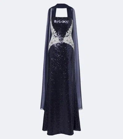 Costarellos Scarf-detail Sequined Bustier Gown In Blue
