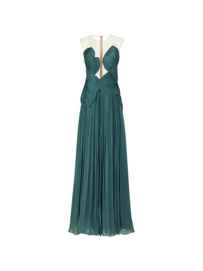 Costarellos Serenne Plissee-abendkleid Mit Illusionsausschnitt In Green