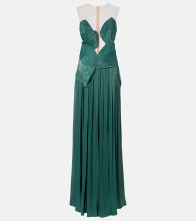 Costarellos Serenne Trompe L'ail Pleated Lamé Gown In Green