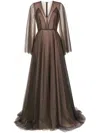 Costarellos Sheer-panel Evening Gown In Brown