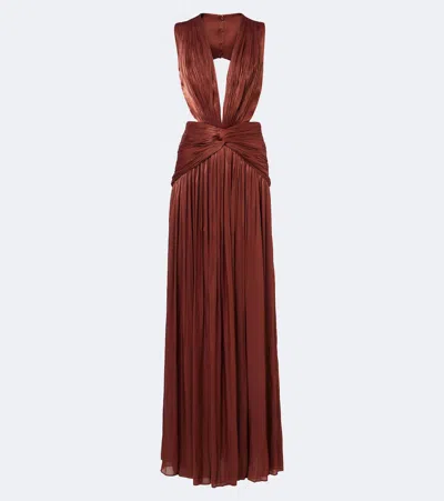 Costarellos Silla Cut-out Pleated Lurex Georgette Gown In Brown