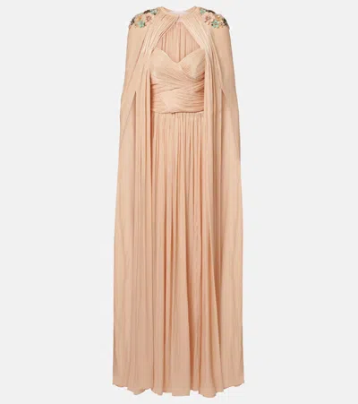 Costarellos Sireen Caped Embellished Georgette Gown In Neutral
