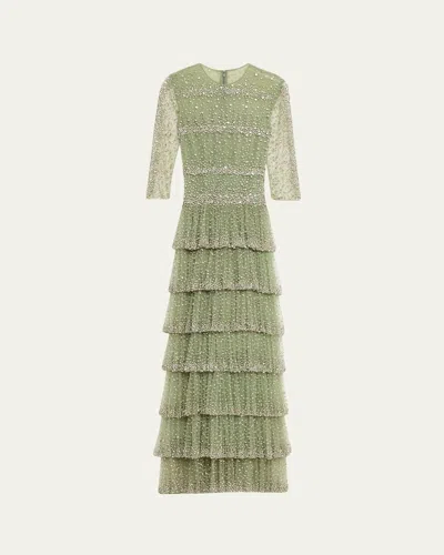 Costarellos Solene Crystal Tiered Ruffle Gown In Green