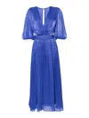 Costarellos Brennie Belted Metallic Plissé-georgette Maxi Dress In Blue