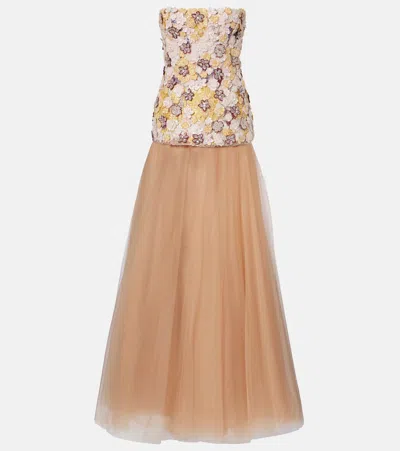 Costarellos Theia Floral-appliqué Sequined Tulle Gown In Brown