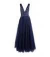 Costarellos Tulle Graciella Gown In Blue
