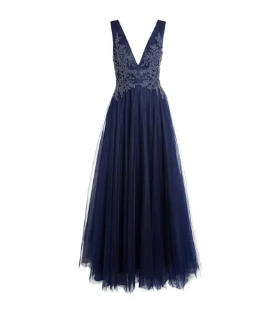 Costarellos Tulle Graciella Gown In Blue