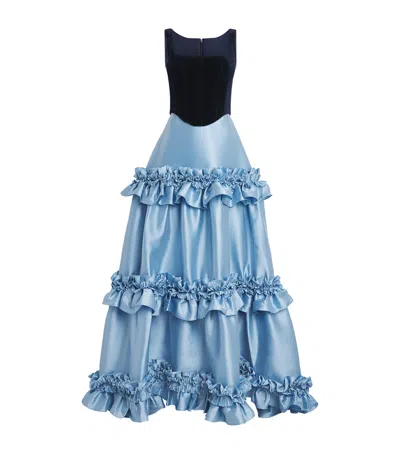 Costarellos Velvet Bustier Gown In Blue