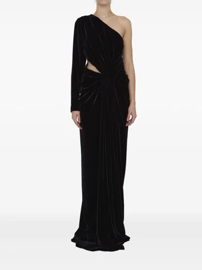 Costarellos Draped Silk Velvet One-shoulder Dress In Black
