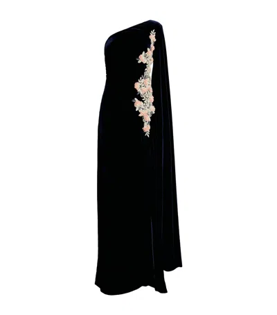 Costarellos Velvet Embellished One-shoulder Gown In Blue