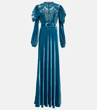 Costarellos Velvet Gown In Sky Blue