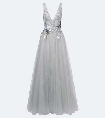 Costarellos Vianna Embellished Tulle Gown In White