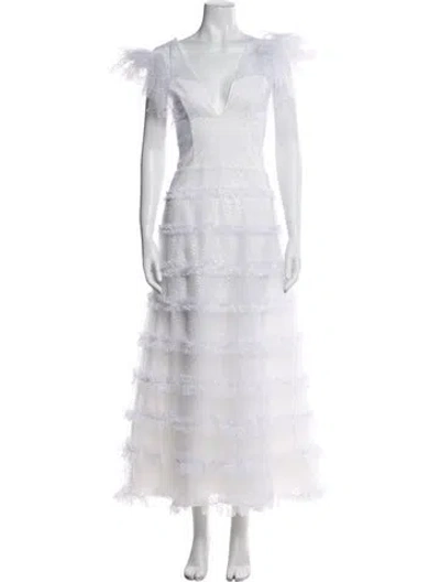 Pre-owned Costarellos V-neck Long Dress In White