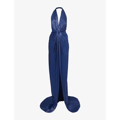 Costarellos Colette Halterneck Metallic Woven Gown In Dark Blue