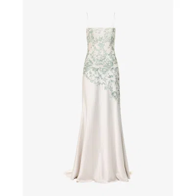 Costarellos Womens Jennan Sequin-embellished Lace Satin Maxi Gown Green