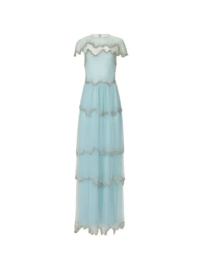 Costarellos Zaria Crystal-embellished Tiered Gown In Blue
