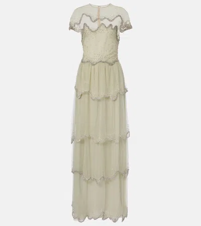 Costarellos Zaria Embellished Tiered Tulle Gown In Green