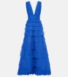 Costarellos Zeferra Plissé Tiered Tulle Gown In Blue